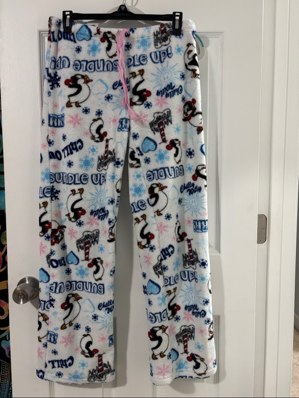 Cozy Penguin Print Pajama Pants - White with Blue & Pink Accents